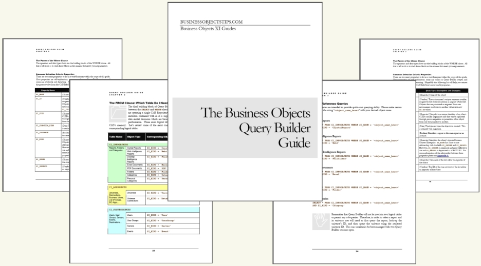 Collage of pages from the Business Objects Query Builder Guide