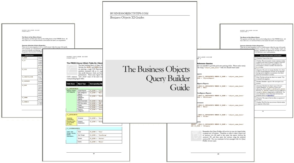 Collage of pages from the Business Objects Query Builder Guide